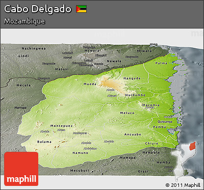 Physical Panoramic Map of Cabo Delgado, darken, semi-desaturated