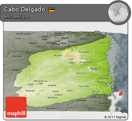 Physical Panoramic Map of Cabo Delgado, darken, semi-desaturated