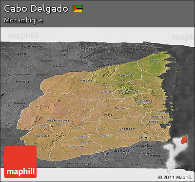 Satellite Panoramic Map of Cabo Delgado, darken, desaturated