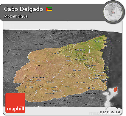 Satellite Panoramic Map of Cabo Delgado, darken, desaturated