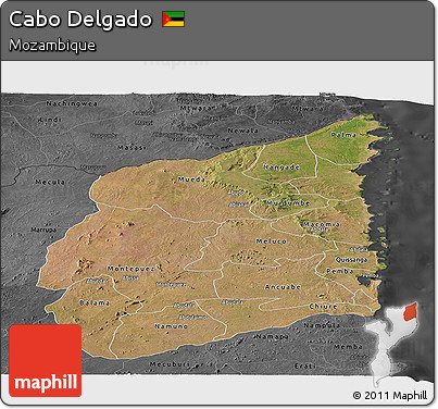 Satellite Panoramic Map of Cabo Delgado, darken, desaturated