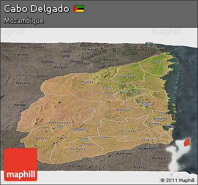 Satellite Panoramic Map of Cabo Delgado, darken, semi-desaturated