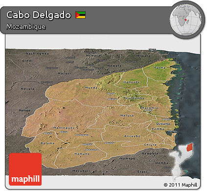 Satellite Panoramic Map of Cabo Delgado, darken, semi-desaturated