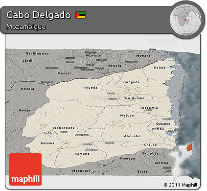 Shaded Relief Panoramic Map of Cabo Delgado, darken, semi-desaturated
