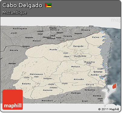 Shaded Relief Panoramic Map of Cabo Delgado, darken, semi-desaturated
