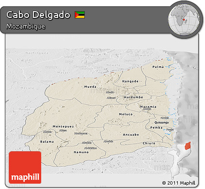 Shaded Relief Panoramic Map of Cabo Delgado, lighten, desaturated