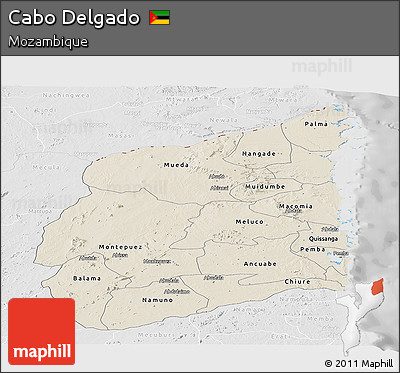 Shaded Relief Panoramic Map of Cabo Delgado, lighten, desaturated