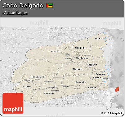 Shaded Relief Panoramic Map of Cabo Delgado, lighten, desaturated