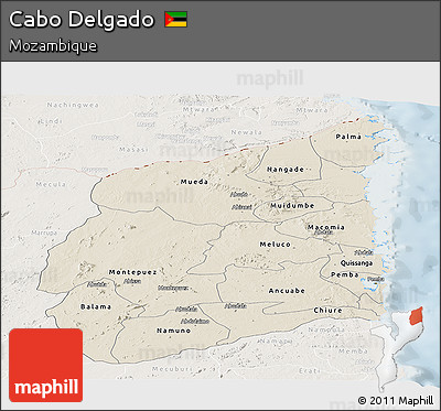 Shaded Relief Panoramic Map of Cabo Delgado, lighten
