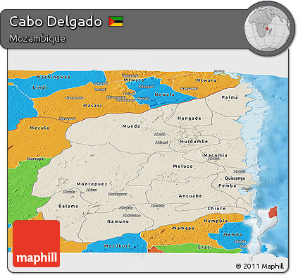 Shaded Relief Panoramic Map of Cabo Delgado, political outside