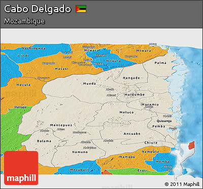 Shaded Relief Panoramic Map of Cabo Delgado, political outside