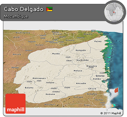 Shaded Relief Panoramic Map of Cabo Delgado, satellite outside