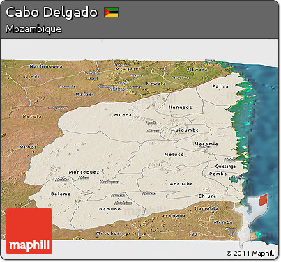 Shaded Relief Panoramic Map of Cabo Delgado, satellite outside