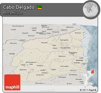 Shaded Relief Panoramic Map of Cabo Delgado, semi-desaturated