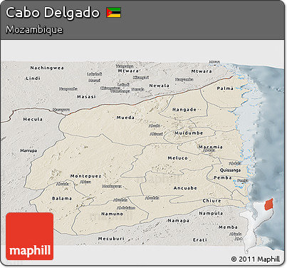 Shaded Relief Panoramic Map of Cabo Delgado, semi-desaturated