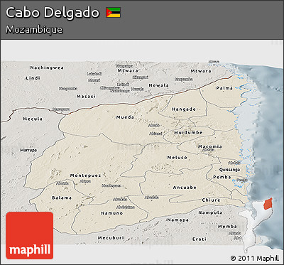 Shaded Relief Panoramic Map of Cabo Delgado, semi-desaturated