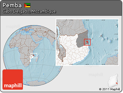 Gray Location Map of Pemba, highlighted country, highlighted parent region, hill shading
