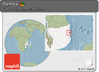 Savanna Style Location Map of Pemba, highlighted country, hill shading