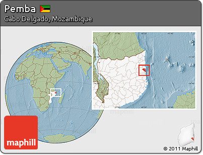 Savanna Style Location Map of Pemba, highlighted country, hill shading
