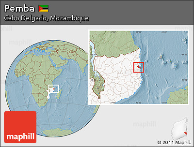 Savanna Style Location Map of Pemba, highlighted country, hill shading
