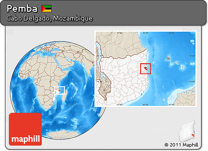 Shaded Relief Location Map of Pemba, highlighted country