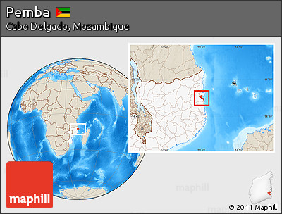 Shaded Relief Location Map of Pemba, highlighted country
