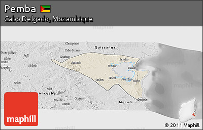 Shaded Relief Panoramic Map of Pemba, desaturated