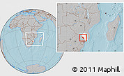 Gray Location Map of Massingir, highlighted parent region, within the entire country, hill shading