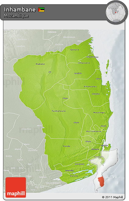 Physical 3D Map of Inhambane, lighten, semi-desaturated