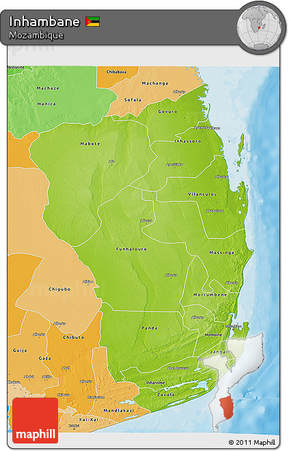 Physical 3D Map of Inhambane, political shades outside