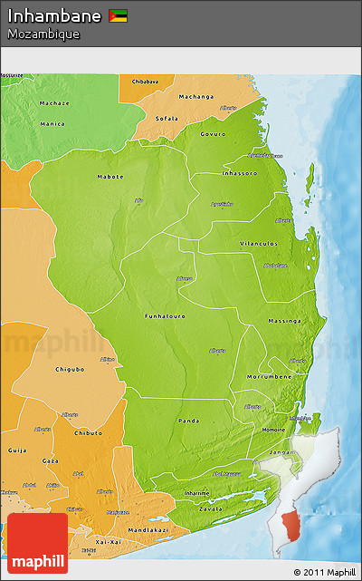 Physical 3D Map of Inhambane, political shades outside