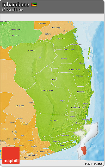 Physical 3D Map of Inhambane, political shades outside