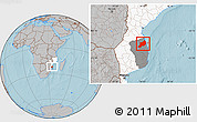 Gray Location Map of Inhassoro, highlighted country, highlighted parent region, hill shading