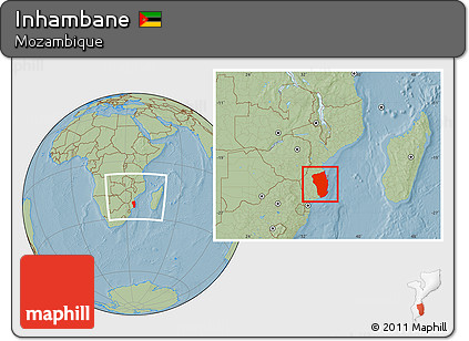 Savanna Style Location Map of Inhambane, within the entire country, hill shading