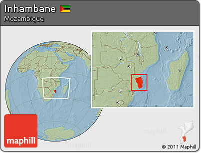 Savanna Style Location Map of Inhambane, within the entire country, hill shading
