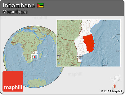 Savanna Style Location Map of Inhambane, highlighted country, hill shading