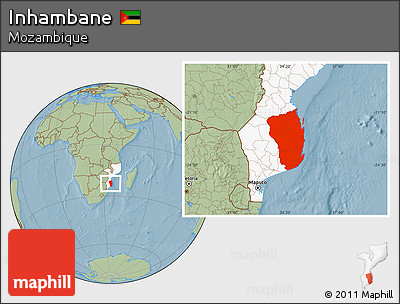 Savanna Style Location Map of Inhambane, highlighted country, hill shading