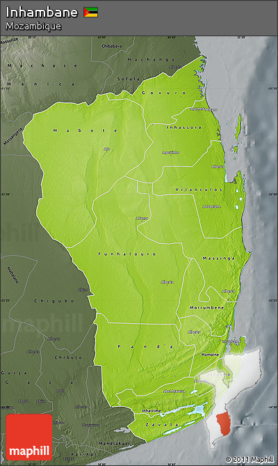 Physical Map of Inhambane, darken, semi-desaturated