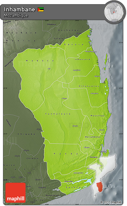 Physical Map of Inhambane, darken, semi-desaturated