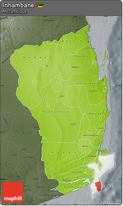 Physical Map of Inhambane, darken, semi-desaturated