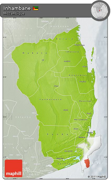 Physical Map of Inhambane, lighten, semi-desaturated