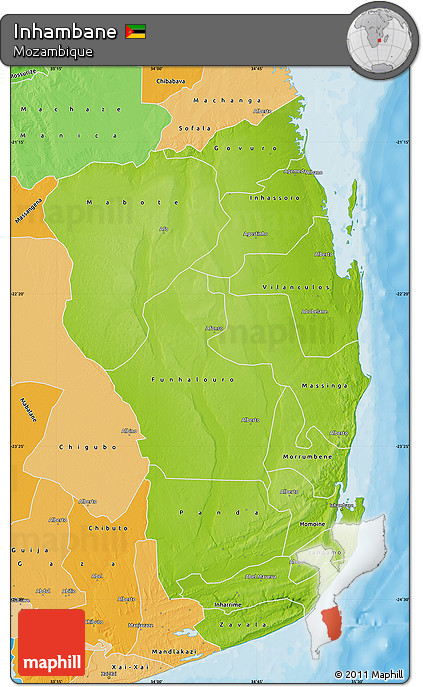 Physical Map of Inhambane, political shades outside
