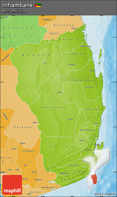 Physical Map of Inhambane, political shades outside
