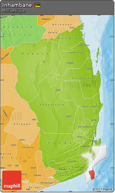 Physical Map of Inhambane, political shades outside