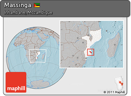 Gray Location Map of Massinga, highlighted country, within the entire country, hill shading