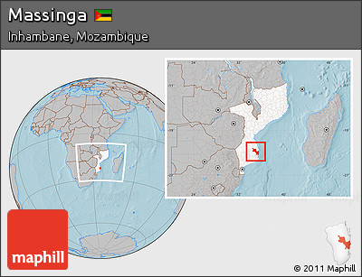 Gray Location Map of Massinga, highlighted country, within the entire country, hill shading