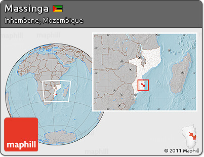 Gray Location Map of Massinga, highlighted country, within the entire country, hill shading