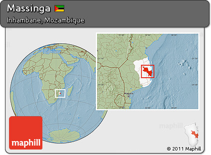Savanna Style Location Map of Massinga, highlighted parent region, hill shading