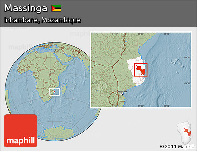 Savanna Style Location Map of Massinga, highlighted parent region, hill shading