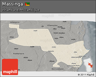 Shaded Relief Panoramic Map of Massinga, darken, semi-desaturated